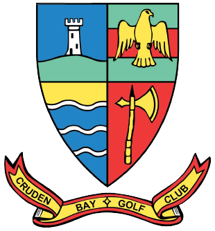 Cruden Bay Golf Club crest, a shield with a tower, eagle and horn above a banner reading "Cruden Bay Golf Club"