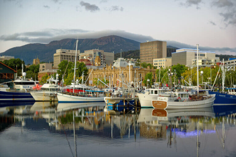 Fishing boats and yachts moored at Franklin Wharf in Hobart with Mount Wellington behind, Tasmania