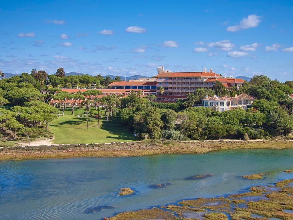 View of estuary and front of Hotel Quinta do Lago, Algarve, Portugal