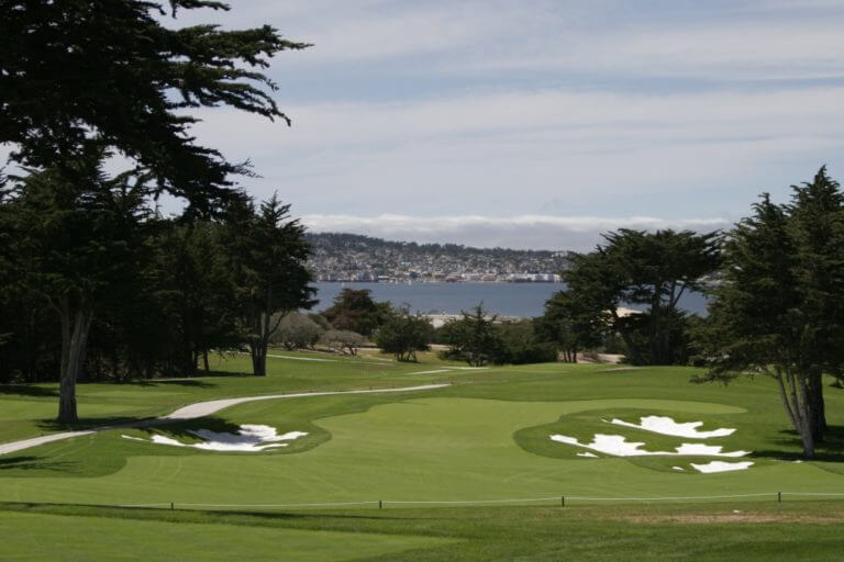 Large bunkers flank the seventh hole which overlooks a nearby bay