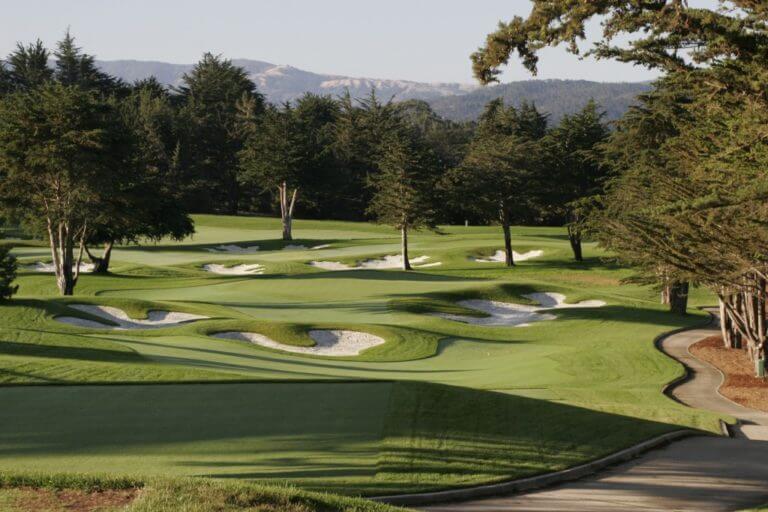 Many bunkers surround the seventeenth green on the Bayonet Golf Course