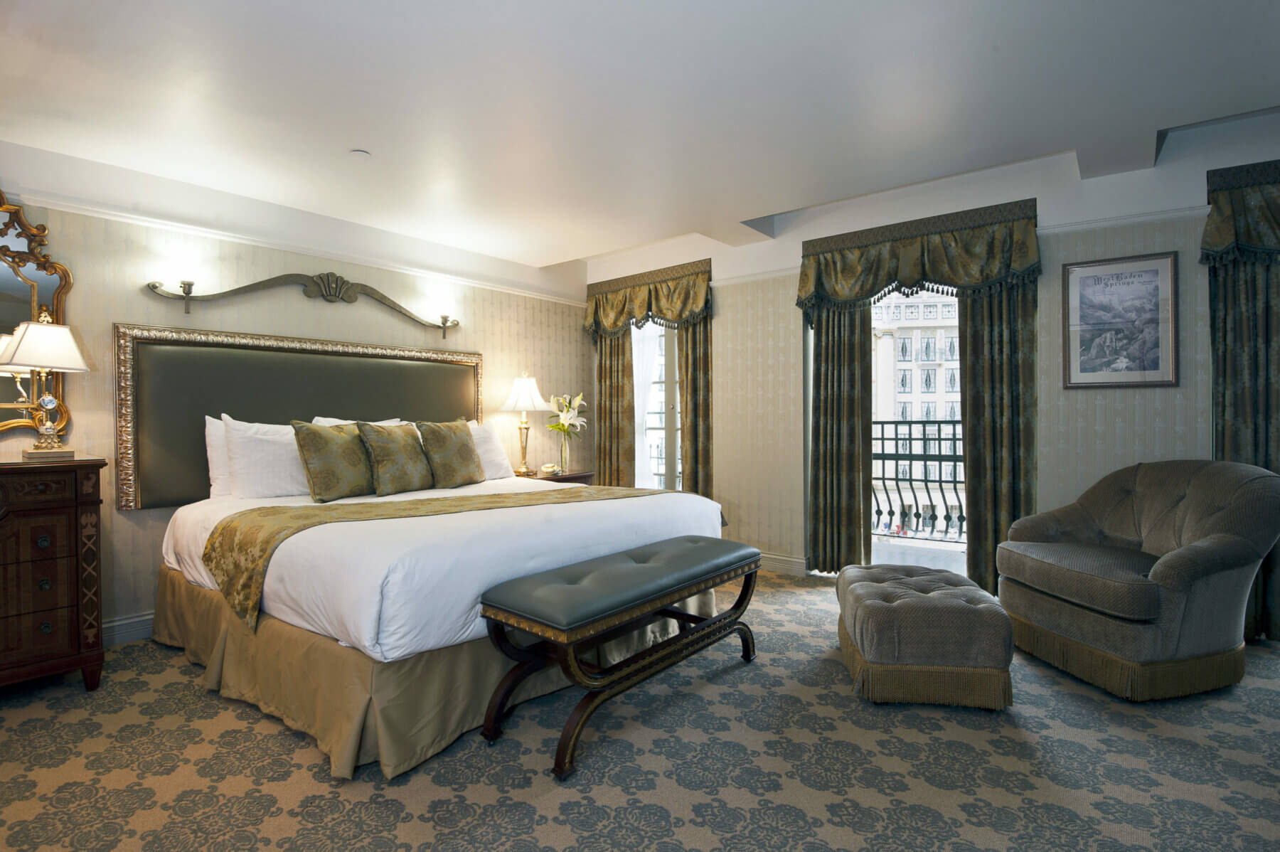 Interior view of a large king bed at West Baden Hotel in French Lick Golf Resort, Indiana