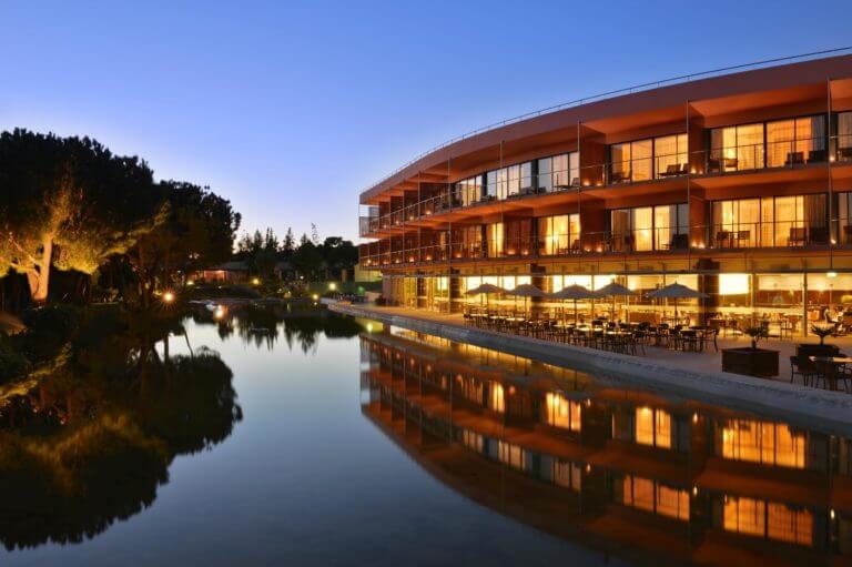 Lights on within main resort building exterior